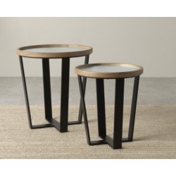 Set 2 mesas auxiliares redondas madera y cristal.