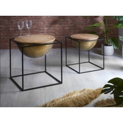 Set 2 mesas auxiliares madera tropical y 2 metales 53 y 42 cm