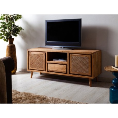 Mueble TV madera acacia y ratán 140x40x60cm