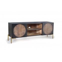 Mueble TV madera maciza de mango y metal 2 puertas 145x40x56cm